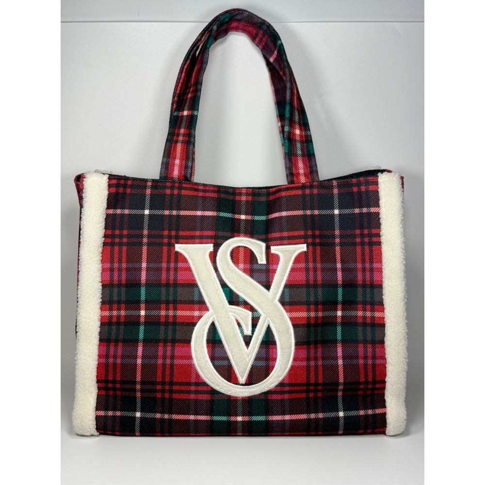 Victoria's Secret Women Large Tote Bag Red Plaid Sherpa Trim Holiday Carryall